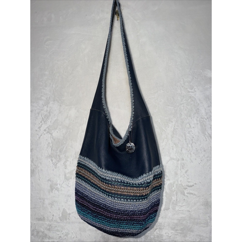 THE SAK Back To Bali Hobo Bag Blue Pebble Leather Crochet  Boho Purse